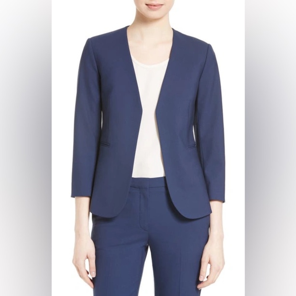 Theory EUC Lindrayia B Good Wool Suit Jacket Open Front Blazer Sea Blue Size 2